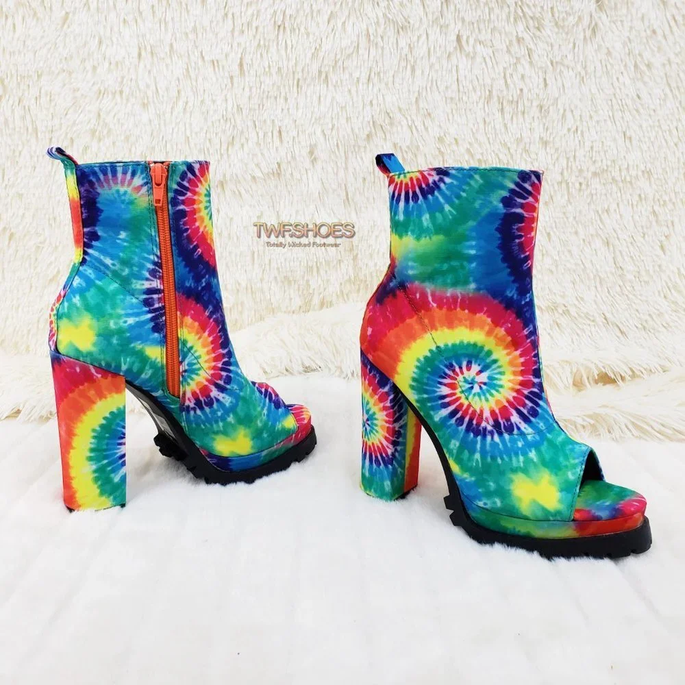 Trippin Colorful Tie Dye Open Toe Chunky Platform Heel Ankle Boots - Picture 7 of 11